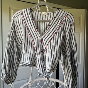 Altar'd State Black and White Striped V-Neck Blouse
